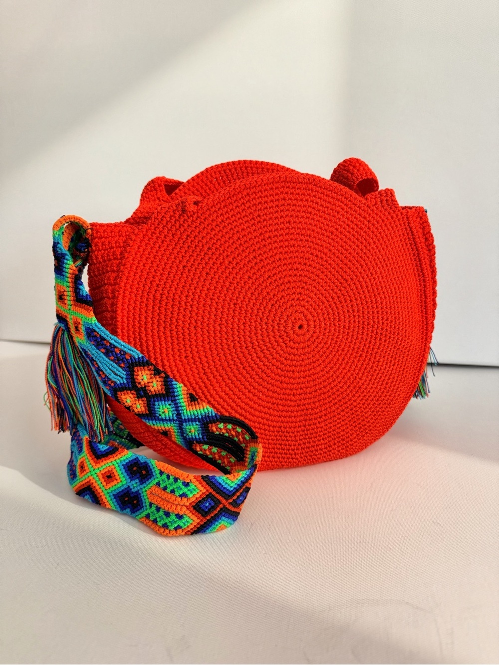 Bright Red Round Crochet Crossbody Bag with Multicolor Strap